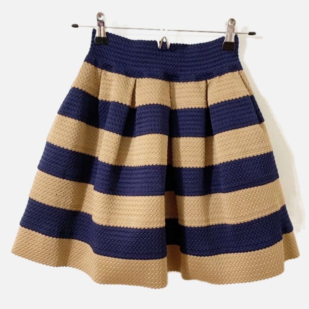 FSR Textured Structured Stripe Full Flare A-line Mini Skirt Elastic Waist Navy